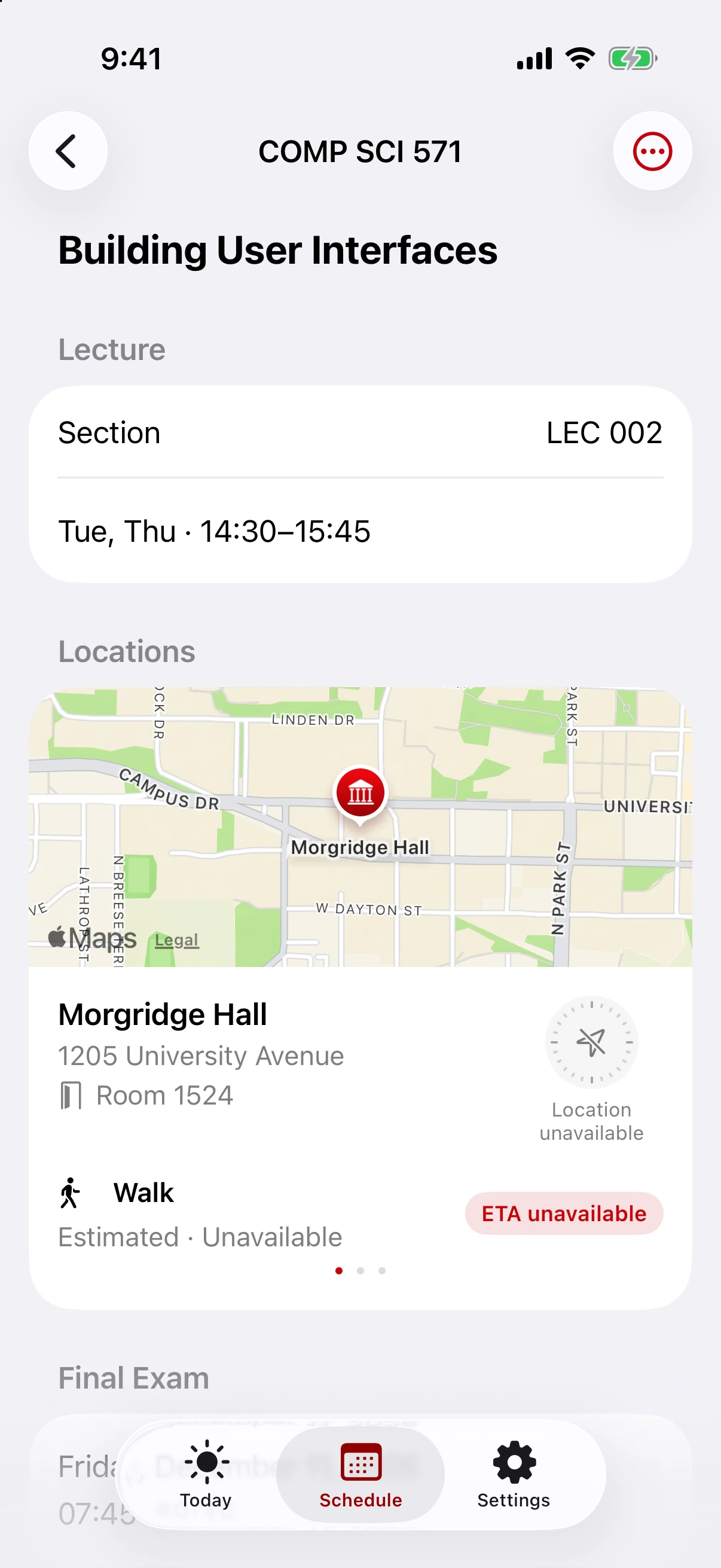 MadSchedule course details showing a lecture time, a campus building map, and unavailable location and walking estimates.