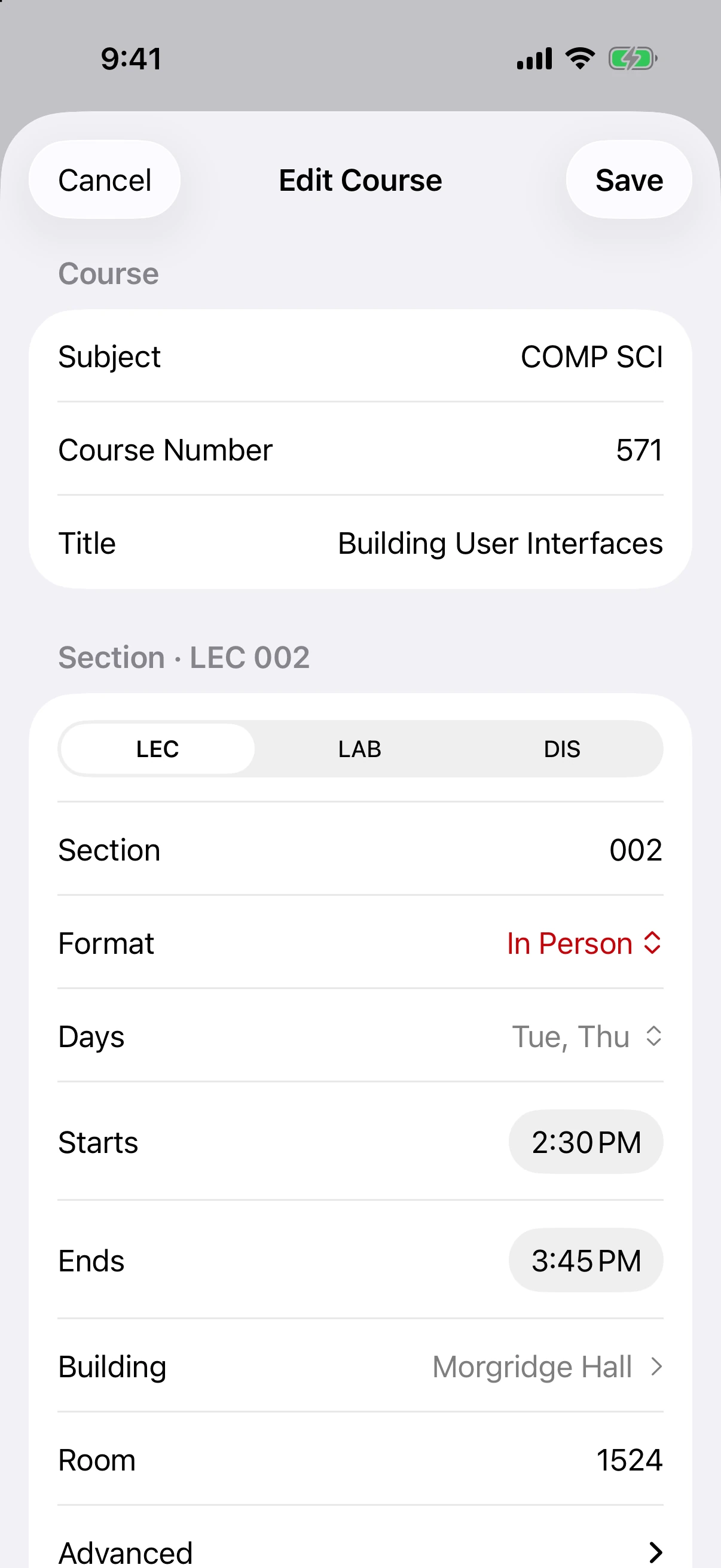 MadSchedule course editor with course title, section, meeting days and times, building, and room fields.