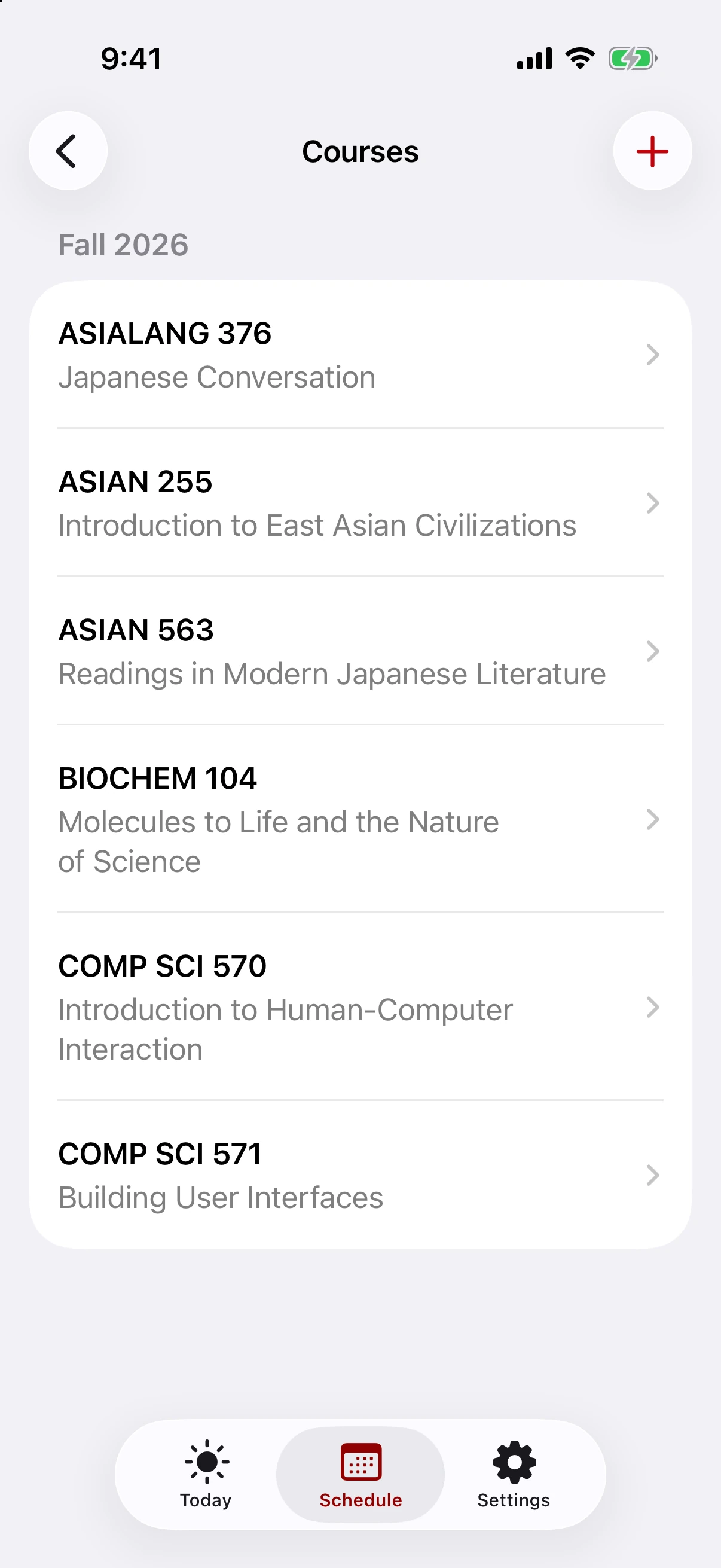 MadSchedule Courses view listing six courses for the Fall 2026 term.