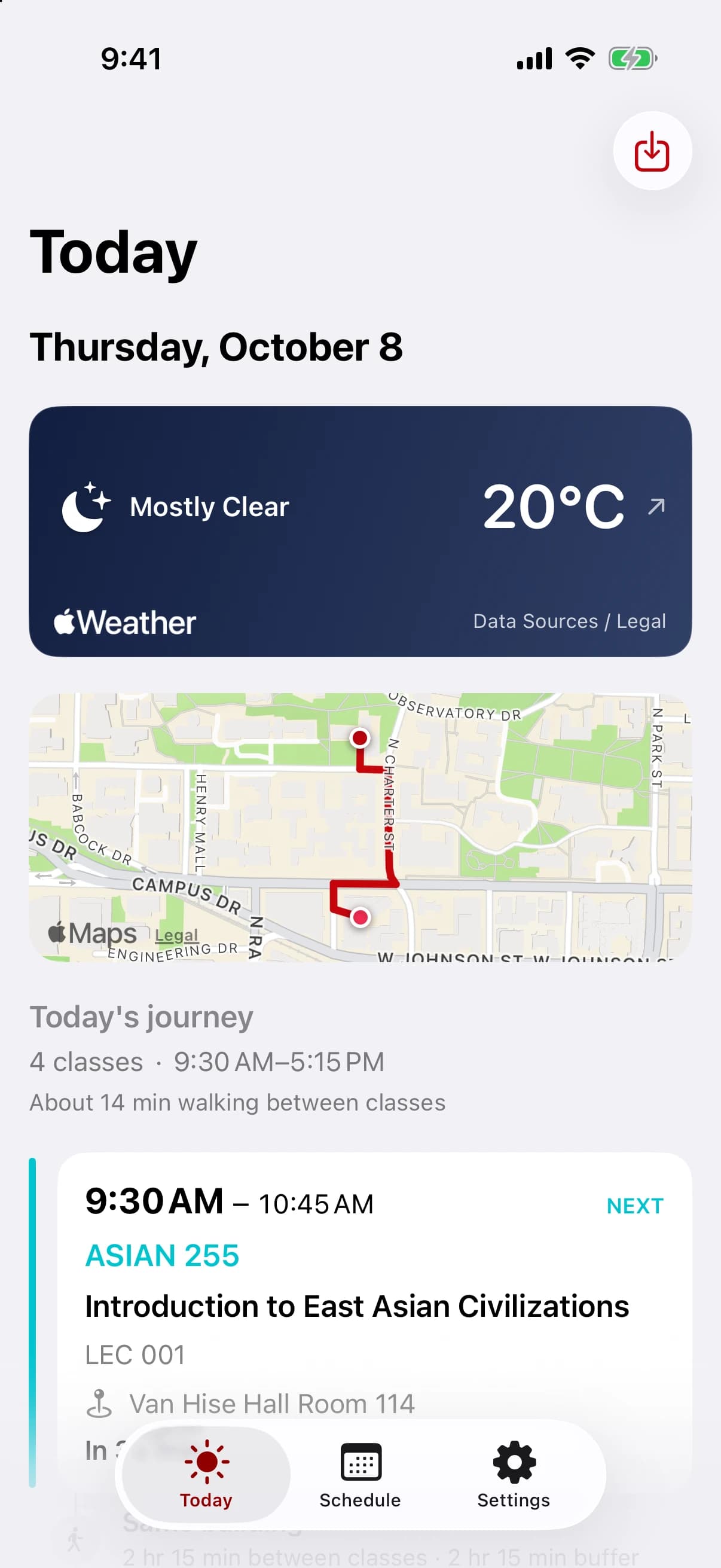 MadSchedule Today view showing weather, a campus walking route, and the next class in the day's schedule.