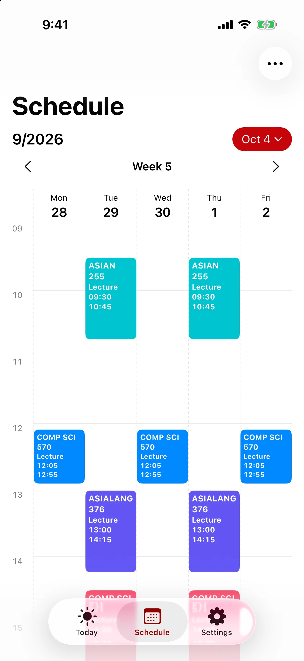 MadSchedule weekly timetable with weekday columns and colored course blocks arranged by class time.